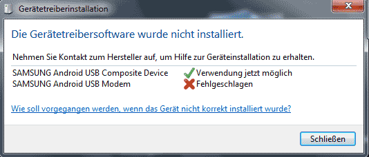 Installation Treiber Samsung Galaxy S - fehlgeschlagen