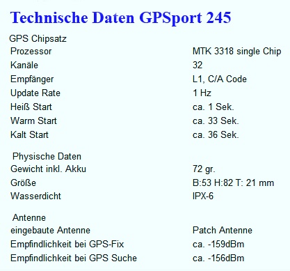 Technische Daten Holux GPSport 245