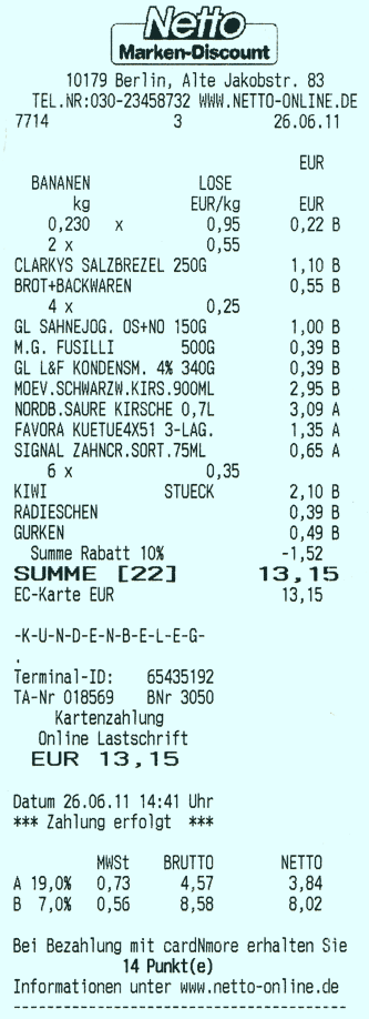 Kassenzettel - Sonntab, 10 % auf Alles