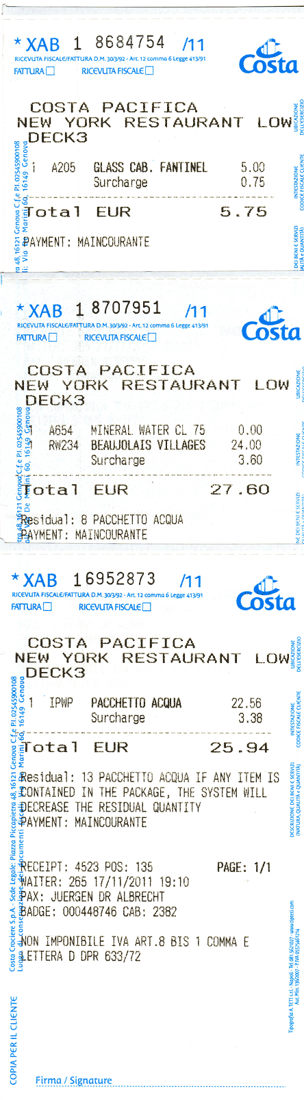 Kassenzettel Costa Pacifica