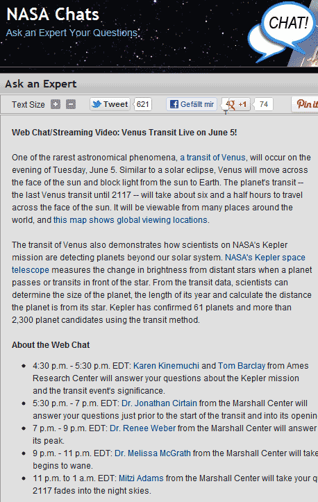 Venus-Transit live bei der Nasa