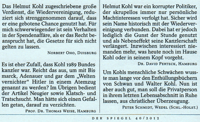 Leserbriefe zu Helmut Kohl