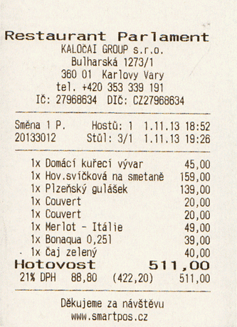 Karlovy Vary Kassenzettel, Abendbrot