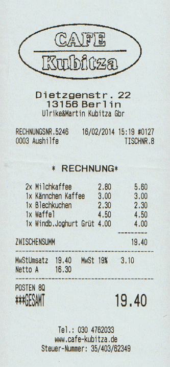 Rechnung Cafe Kubitza