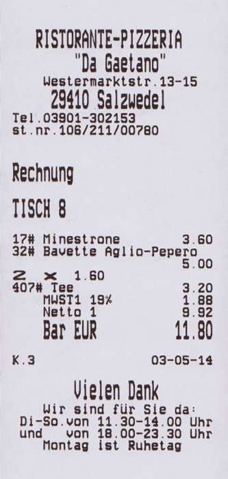 Kassenzettel Da Gaetano Salzwedel