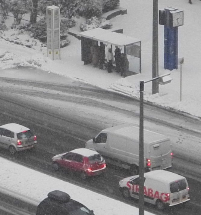 Schneetreiben und Nebel